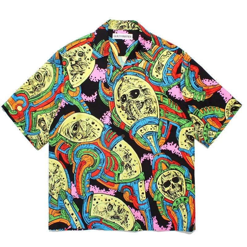 Summer Blue Letters Embroidery WACKO MARIA Shirts Men Women Graphics Print Hawaiian Short Sleeve Tee Casual Fashion Beach Shirt