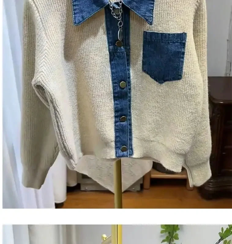 Women's Trendy Vintage Denim Patchwork Single Breasted Knitted Cardigan Autumn Casual Long Sleeve Loose Chic Pocket Sweater Coat