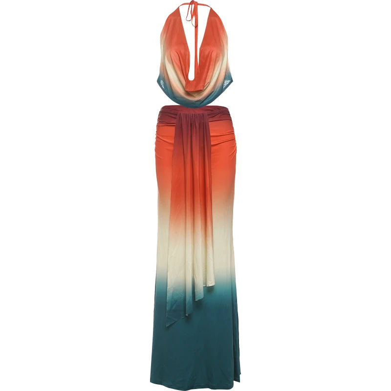 Weird Puss Sexy Colorful 2 Piece Set Women See Through Halter Tank Tops+Ruched Stretch Maxi Skirts Matching Midnight Clubwear