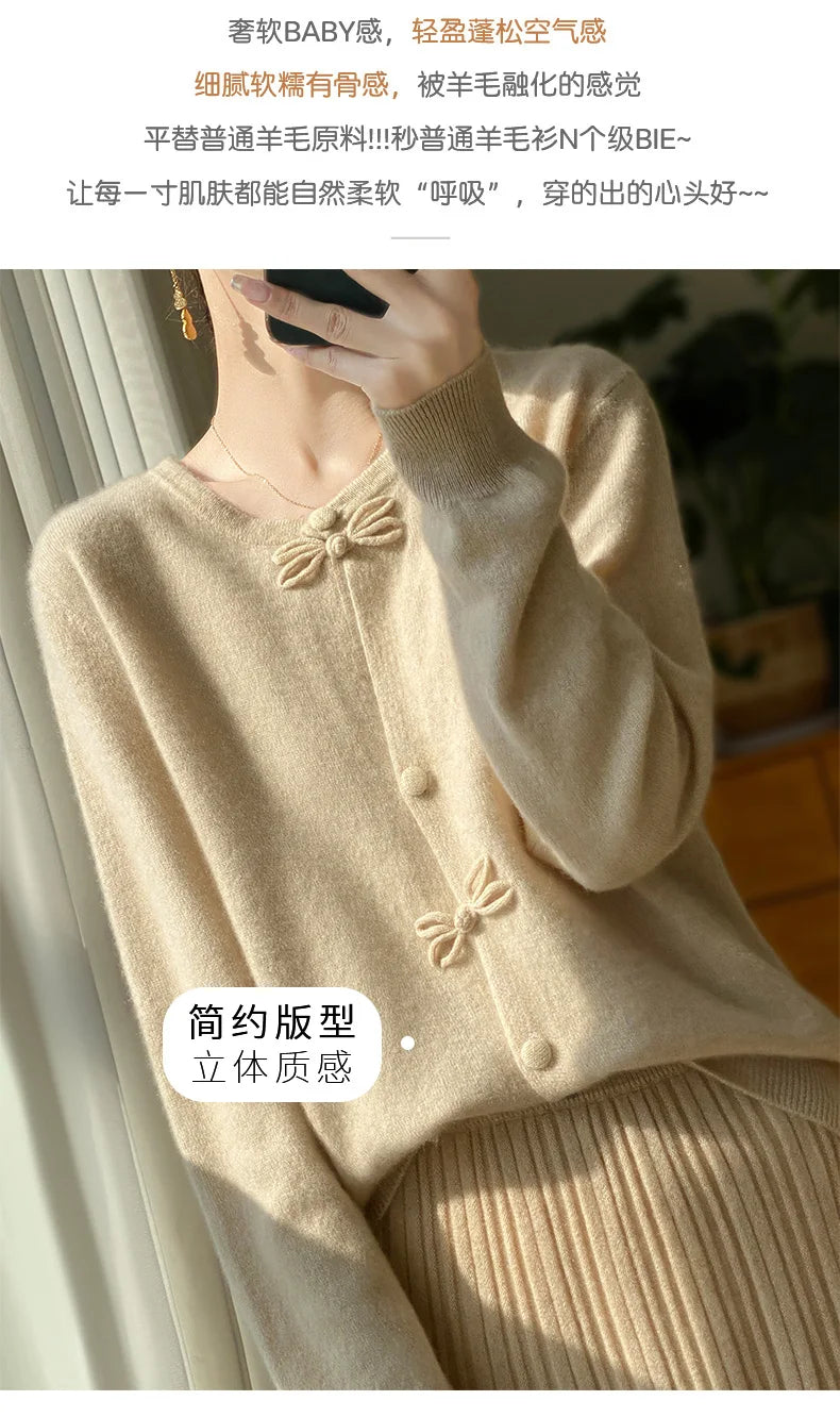 Women New Fashion Autumn Winter 100% Merino Wool Sweater O-neck Chinese Style Buckle Cardigan Soft Knitwear Female Clothing Tops