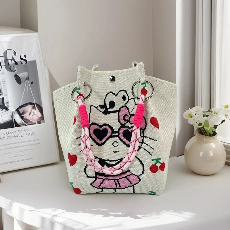 Cute Cat Design Large Capacity Portable Tote Bag Casual Versatile Commuter Bucket Bag Polyester Fiber Handbag from Mainland Chin