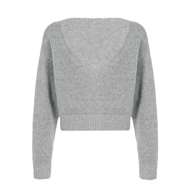Rockmore Backless V-neck Sweater Streetwear Women Loose Pullover Elegant Casual Long Sleeve Crop Tops Korean Autumn Clothes