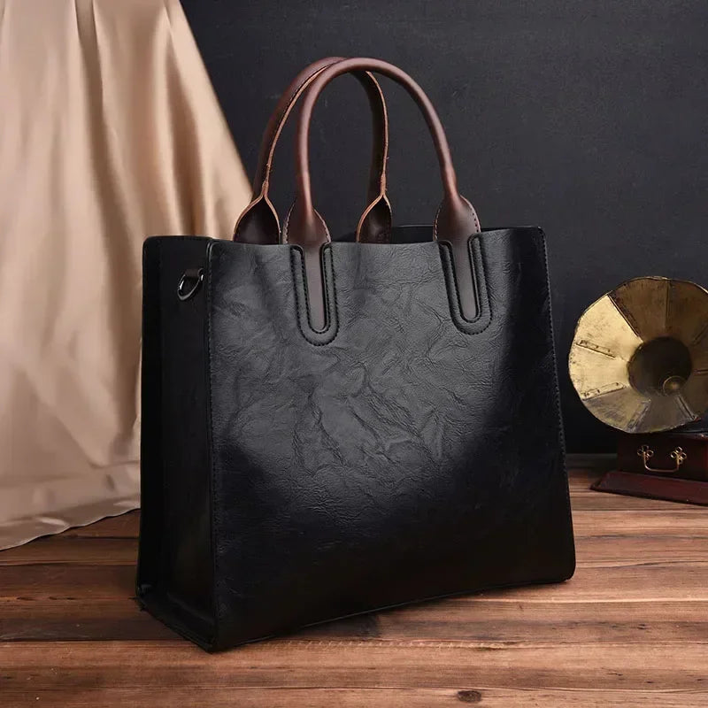 Vintage OIL SKIN Leather Big Casual Tote Women Bags High Quality Women's Handbags Shoulder Crossbody Bags Brown Black Sac A Main