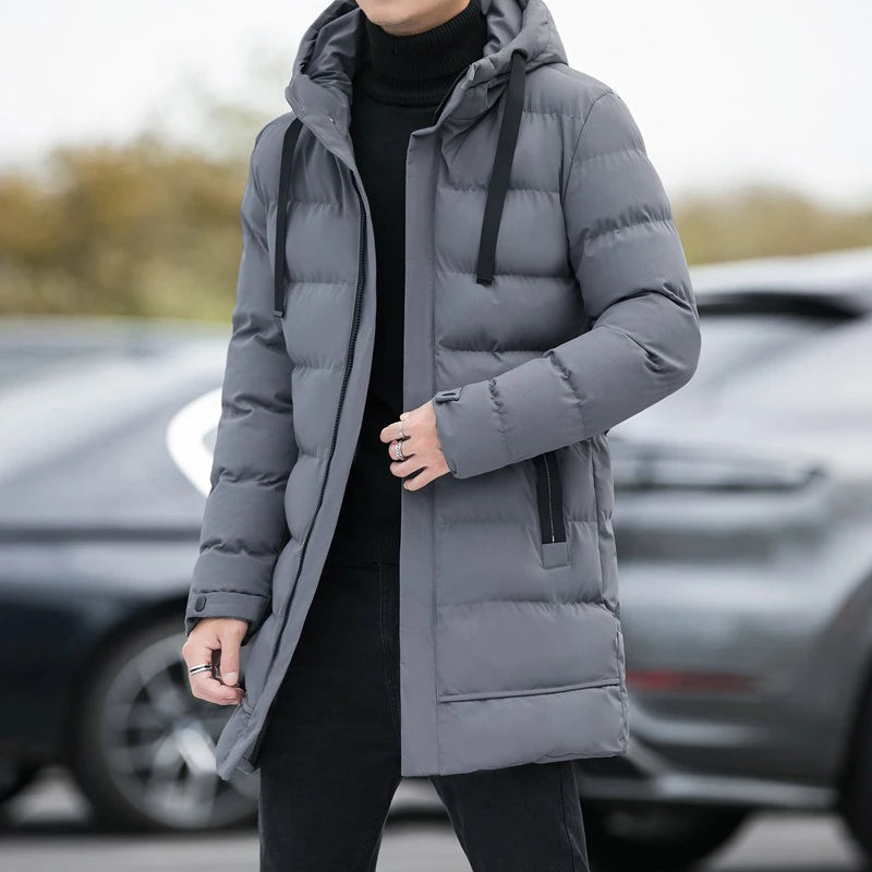 Men Warm Long Puffer Jacket Thicken Quilted Mid-length Hooded Coat Winter Casual Puffer Jacket Outwear Overcoat Coat Parka
