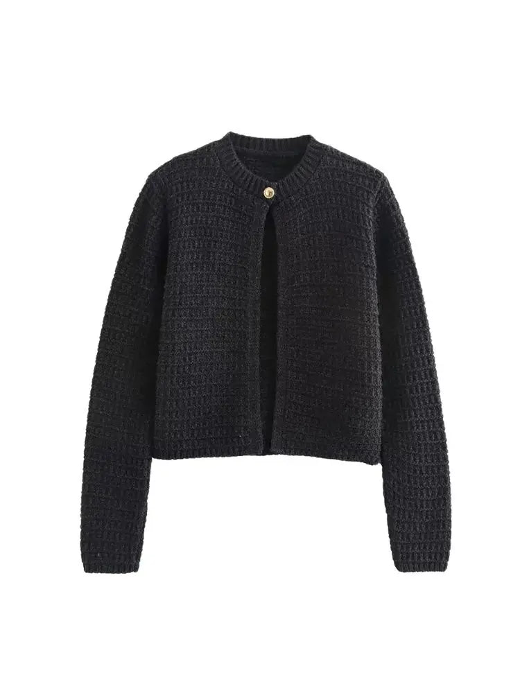 TRZA-Women's Front Button Knit Cardigan Sweater, O Neck, Long Sleeve, Female Outerwear, Chic Tops, Fashion