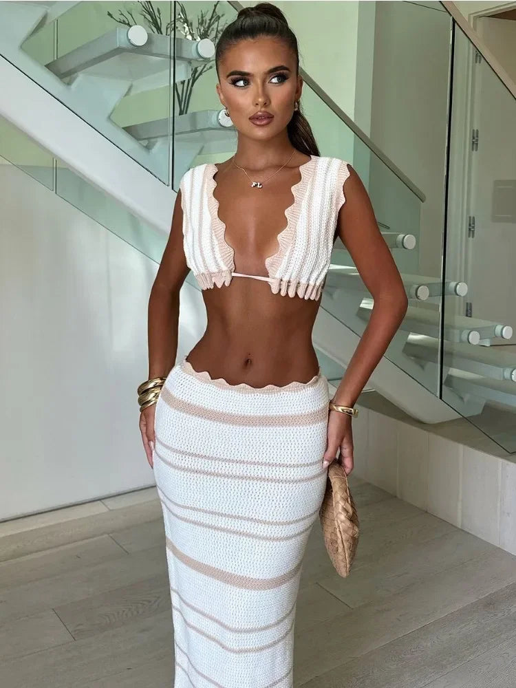 Tossy Knit Striped 2 Piece-Set Long Skirt Female Ruffled V-Neck Casual Beach Holiday Contrast Outfits Knitwear Maxi Skirt Sets