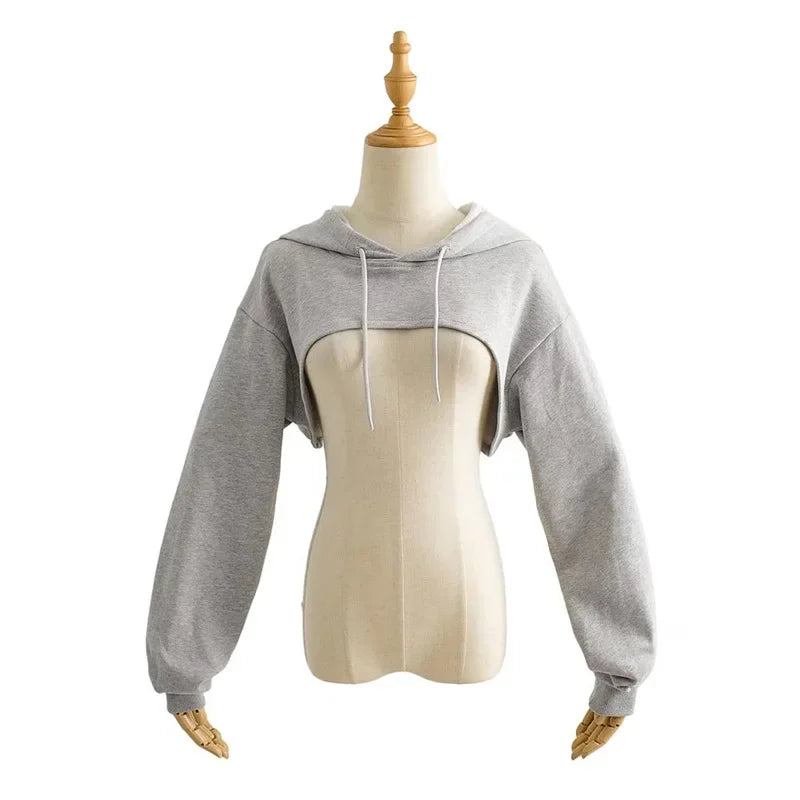 YPFF Spring New Style European Cropped Sports Drawstring Hooded Sweatshirt Women's Solid Color Versatile Long Sleeve Hooded Top