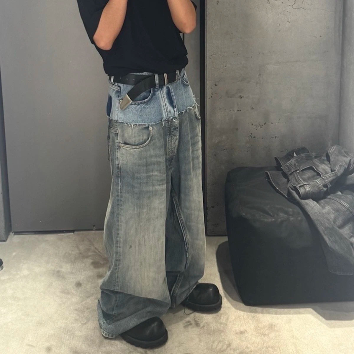 CUT-UP Double-layer Double Waist Patchwork Baggy Jeans for Men and Women Straight Casual Loose Denim Trousers Oversized