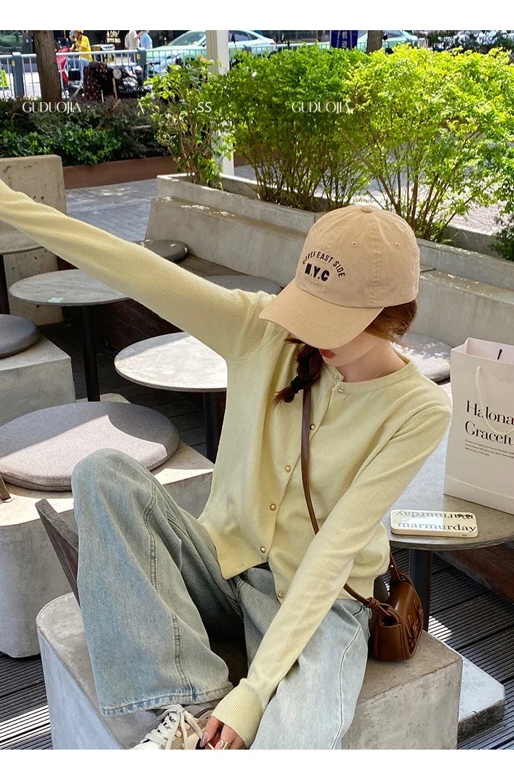 Solid Color Knitted for Women Cardigan Korean Single Breasted Long Sleeve Jumper Woman Round Neck All Match Cardigans Outwear