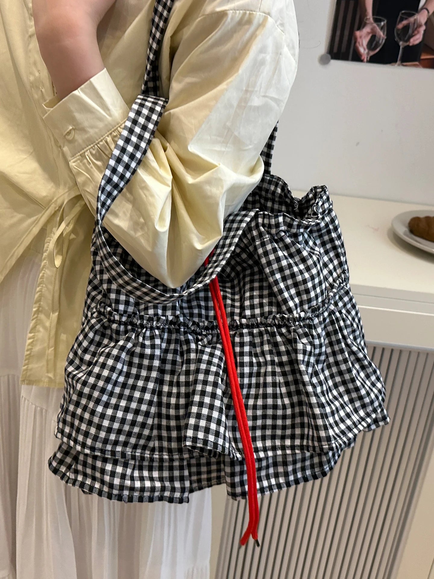 Korean Sle Large Capaci Canvas Tote Bag Blue Plaid Single oulder Skirt Pleated Gown Bag Faionable Casual Handbag
