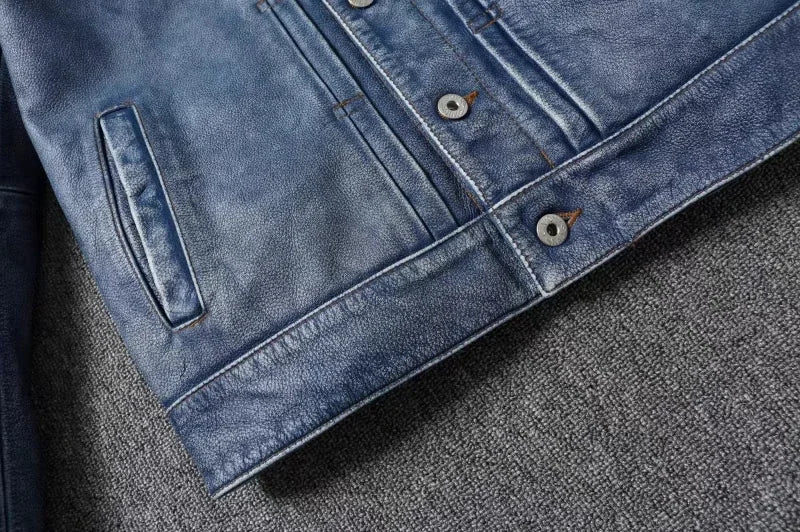 New Navy Blue Top Layer Cowhide Genuine Leather Jacket Men's Short Slim Fit Retro Motorcycle Lapel Casual Jacket Trendy