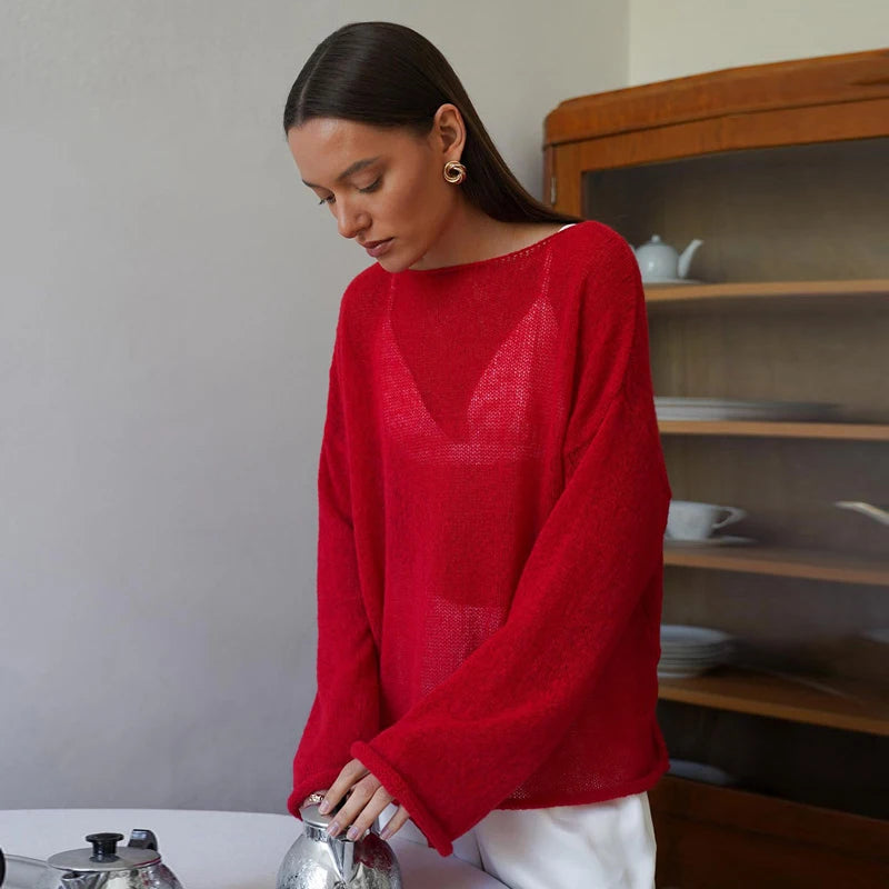 MSCSZ Red Long Sleeve Oversized Sweater Women Transparent Knitted Sweater 2025 Spring Autumn Cozy Sweaters Pullover Tops
