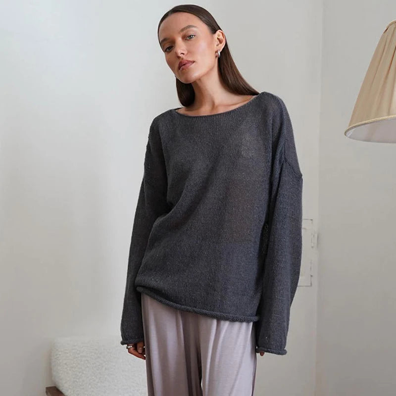 MSCSZ Red Long Sleeve Oversized Sweater Women Transparent Knitted Sweater 2025 Spring Autumn Cozy Sweaters Pullover Tops
