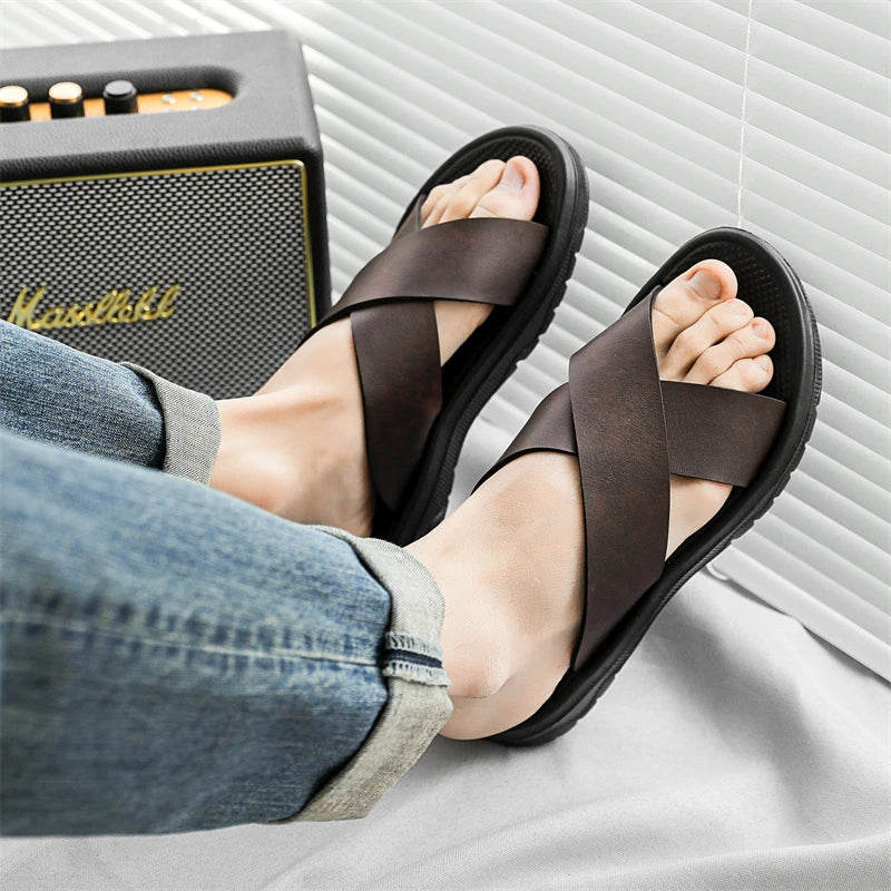 Mens Leather Slippers Comfortable Breathable Summer Big Size Sandals for Men with Soft Sole
