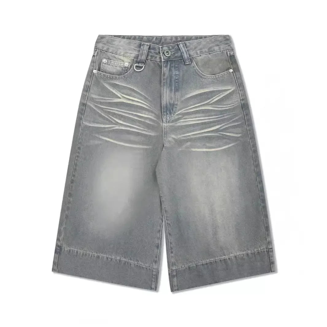 2024 Summer New Style Vintage Wide-leg Jeans 7-point Straight Leg Denim Mid-length Shorts For Men American Retro Loose Fit