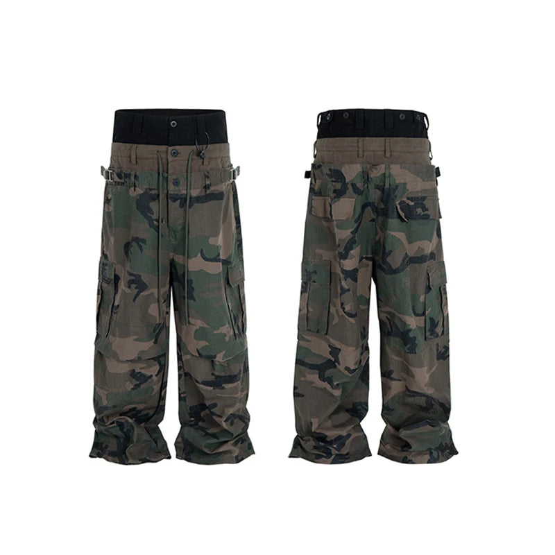 CUT-UP Double-layer Double Waist Patchwork Baggy Jeans for Men and Women Straight Casual Loose Denim Trousers Oversized