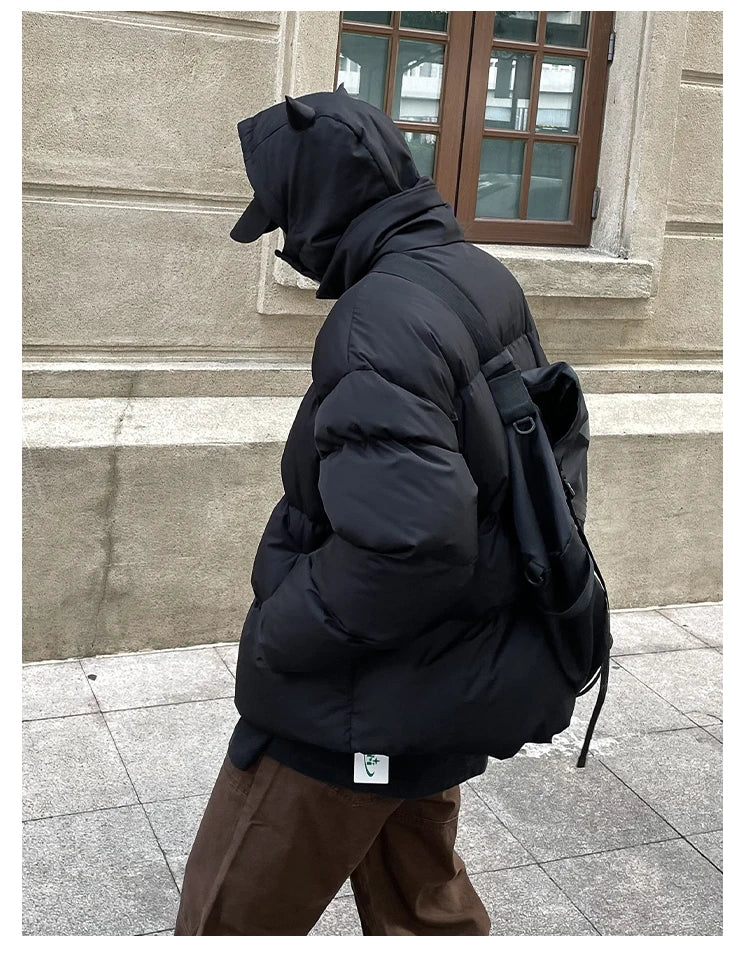 Cotton-Padded Hip Hop Parkas Men Devil Horns Winter Hooded Down Jacket Retro Y2K Thicken Puffer High Street Loose Bubbles Coats