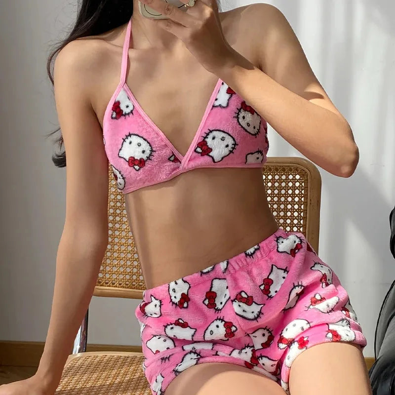 Hello Kitty ladies Pajama Two Piece Sanrio Anime Kawaii Women Home Underwear Cute Summer Beachwear Bra Shorts Girl Bikini