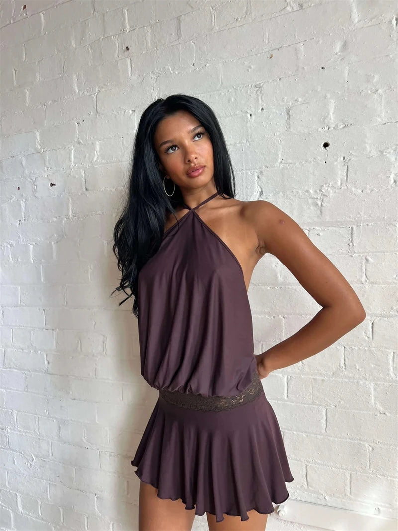 Absobe Halter Sleeveless Patchwork Lace Mini Dress For Women Backless Slim A-Line Short Dress Y2K Sexy Vacation Beach Streetwear