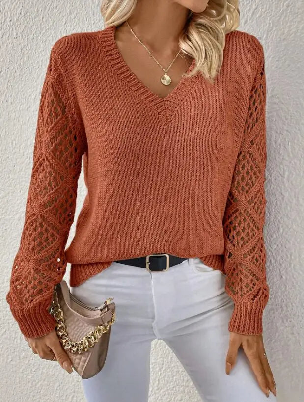 Autumn And Winter Fashion V-neck Pullover Sweater Elegant Women's Casual Hollow Long Sleeve Knitted Solid Color Loose Sweater