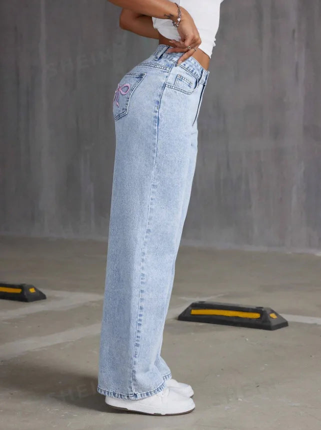 Women Wide Leg Boyfriend Jeans Straight Hip Hop Bow Embroidery Denim Pants Low Waist Baggy Jeans Casual Loose Jeans Streetwear