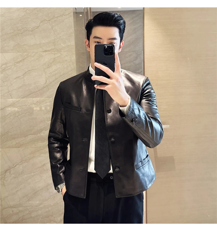 Autumn Chinese Style Stand Up Collar Leather Jacket Men's Motorcycle Jackets High-end Casual Business Short PU Leather Coats
