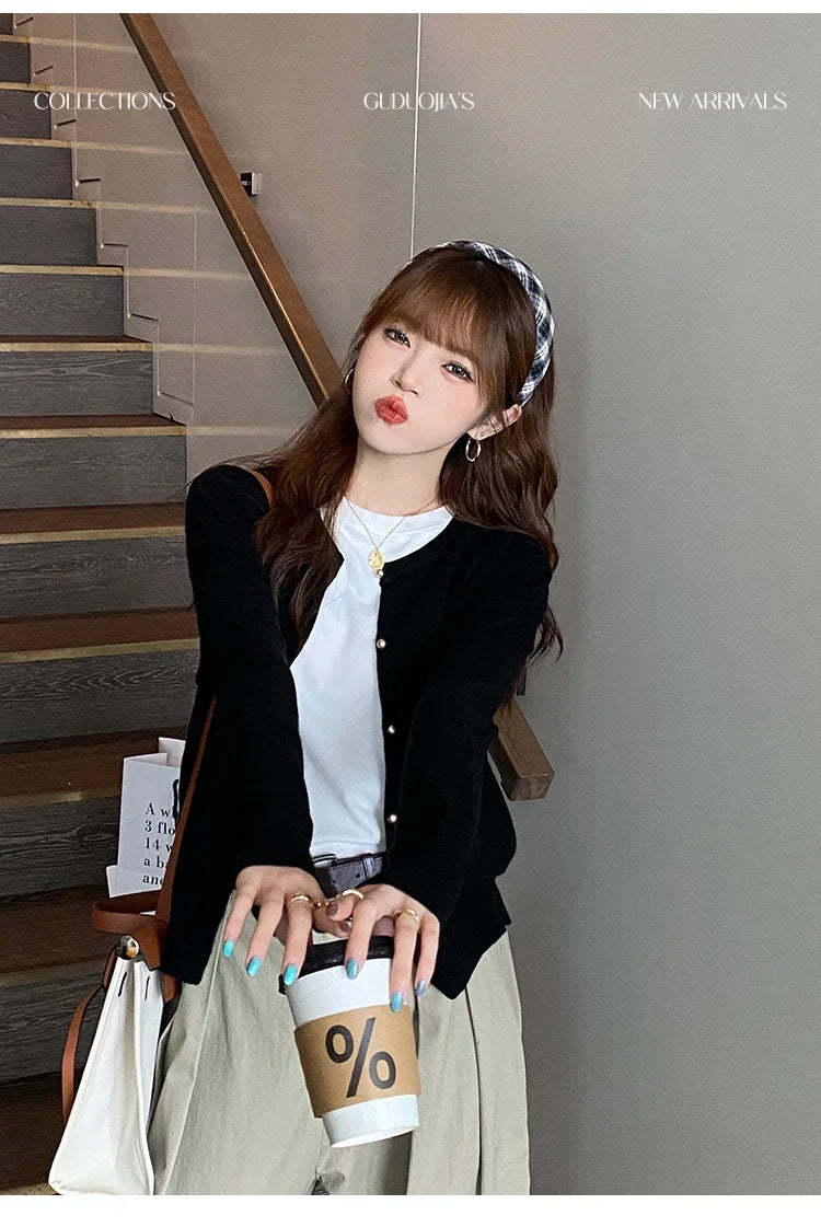 Solid Color Knitted for Women Cardigan Korean Single Breasted Long Sleeve Jumper Woman Round Neck All Match Cardigans Outwear