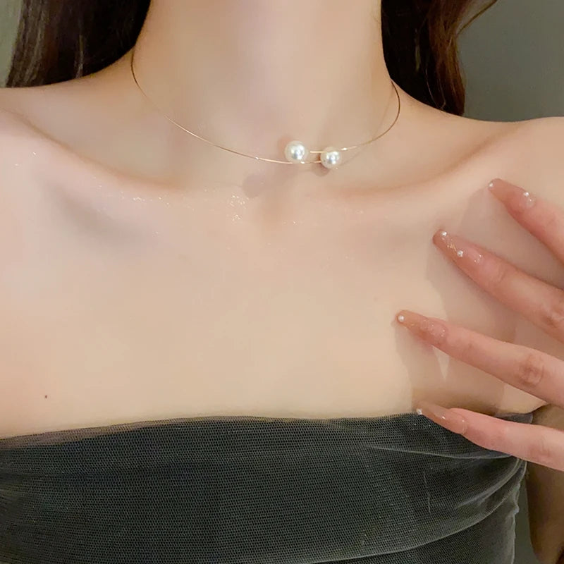 Zircon Double Layered Water Drop Heart Silver Scrap Imitation Pearl Cross Wave Open Collarbone Fine Pendant Necklaces for Women