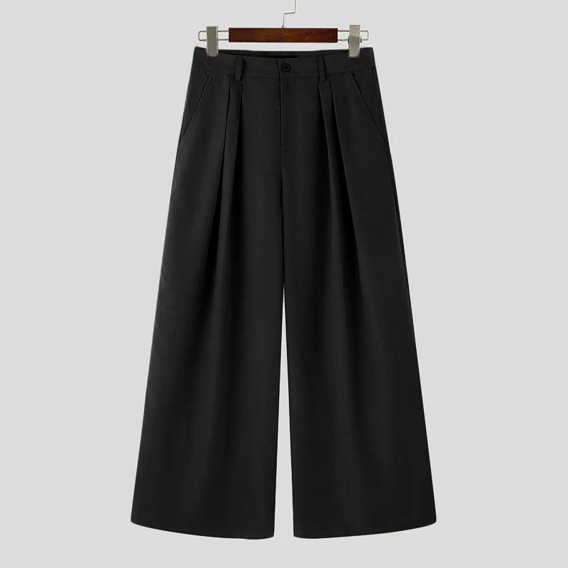 INCERUN Men Wide Leg Pants Solid Color Button Joggers Loose Pleated Casual Trousers Men Streetwear 2024 Fashion Long Pants S-5XL