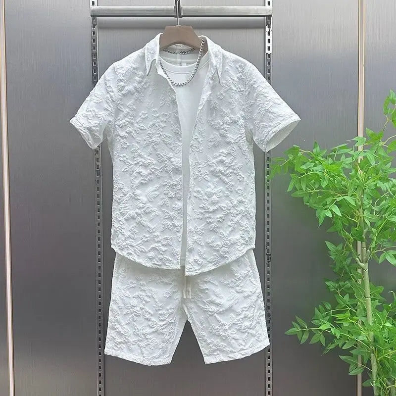 Summer New Relief Couple Thin Casual Two-piece Suit Men's Lapel Shirt Short Sleeve Trendy Shorts Comfortable Skin-friendly