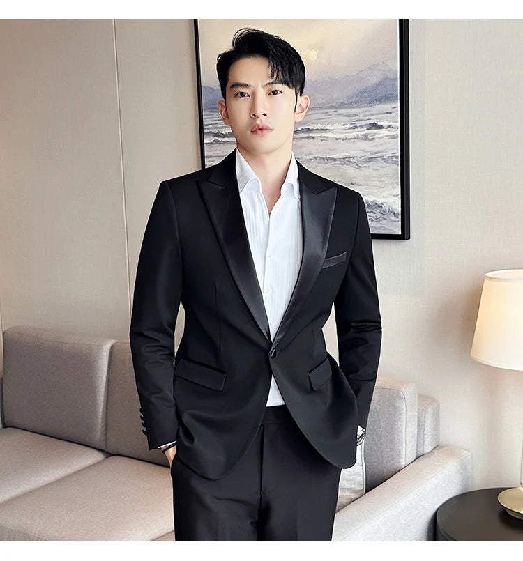 ( Jacket + Vest + Pants ) High-end Brand Boutique Fashion Men's Casual Business Black Smoking Suit Groom Wedding Dress Tuxedo