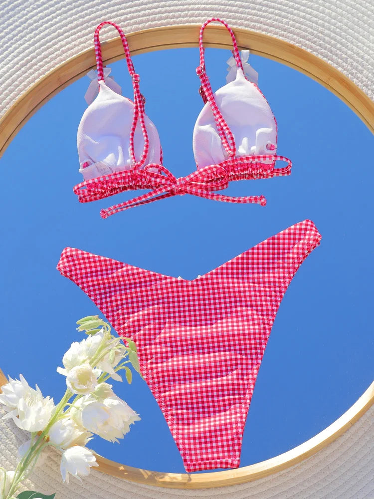 Plaid Print Bikinis Bow Swimwear Women Swimsuit Triangle Bikini Set Bandage Bath Suit Low Waist Thong Beachwear New Biquini