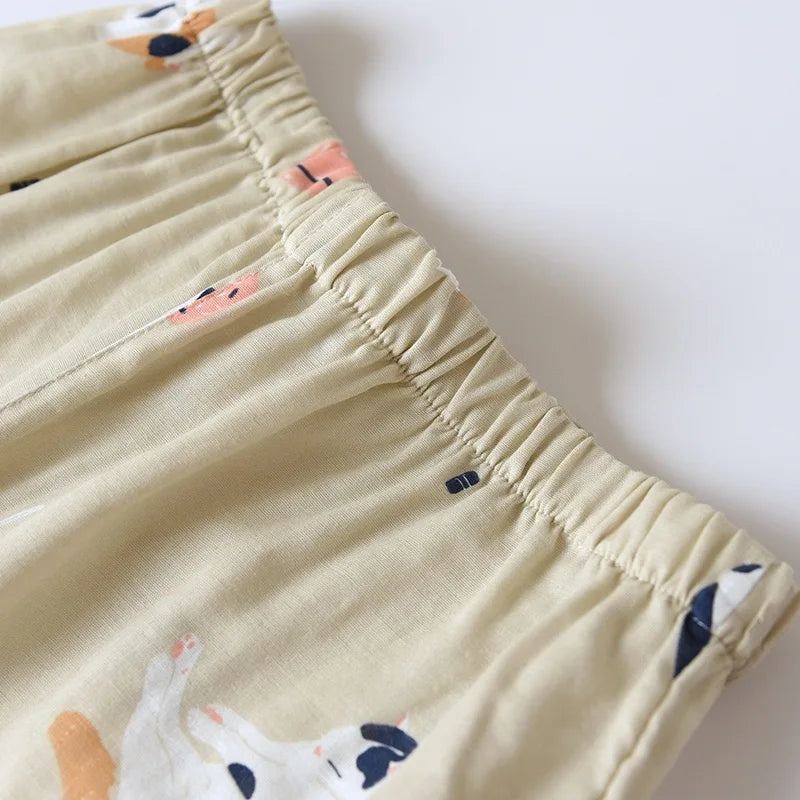 Japanese-style kimono two-piece couple pajamas cover men and women pure cotton gauze cute kitten thin homeware sleepware nighty