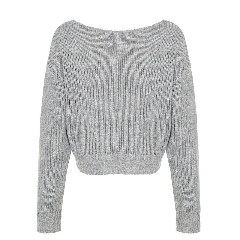 Rockmore Backless V-neck Sweater Streetwear Women Loose Pullover Elegant Casual Long Sleeve Crop Tops Korean Autumn Clothes