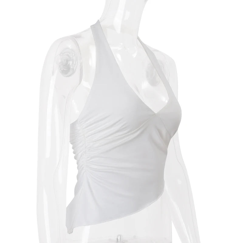 WhereMery Casual Solid Women Halter Crop Top Y2K Elegant V neck Sleeveless Fold Summer Tees Formal Streetwear Sporty Female Vest