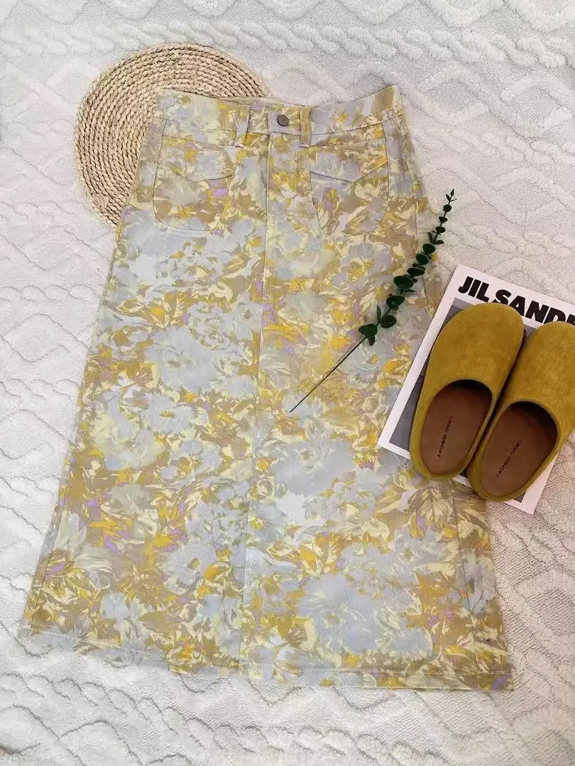 New High Waist 2025 American Retro Plant Flower Print Ladies Commuter Wide-leg Jeans Youthful and Beautiful Out of The Street