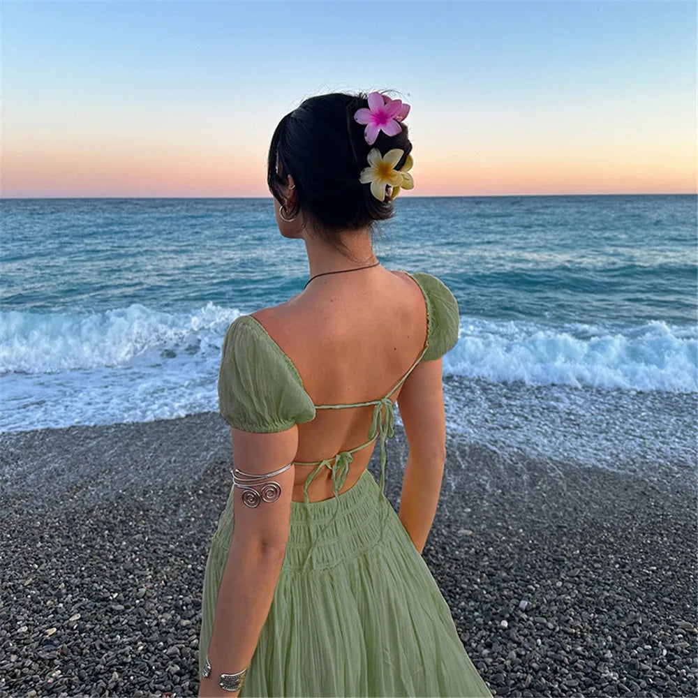 RLMABABY Fashion Casual Holiday Backless Maxi Bodycon Dress Women Summer Square Collar Short Sleeve Hottie Girl Sexy Long Dress