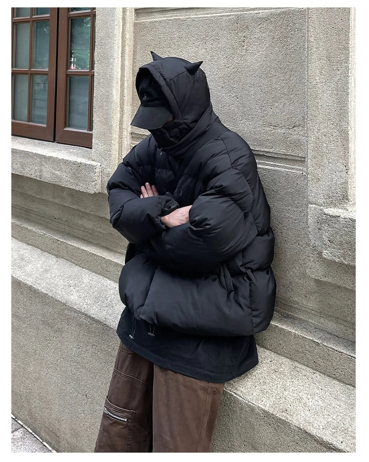 Cotton-Padded Hip Hop Parkas Men Devil Horns Winter Hooded Down Jacket Retro Y2K Thicken Puffer High Street Loose Bubbles Coats