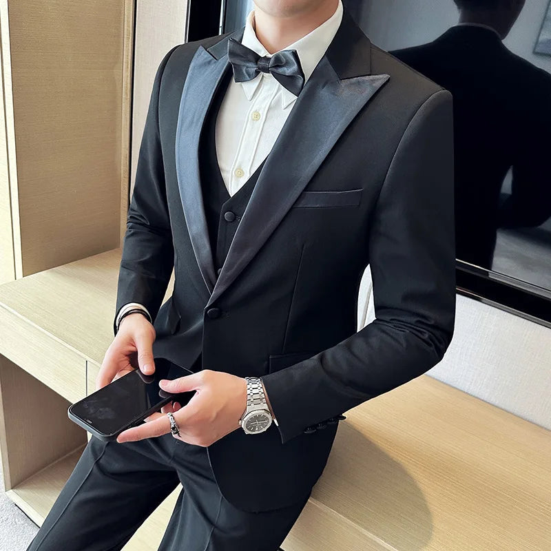 ( Jacket + Vest + Pants ) High-end Brand Boutique Fashion Men's Casual Business Black Smoking Suit Groom Wedding Dress Tuxedo