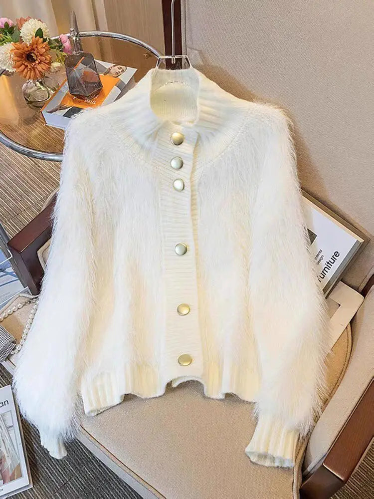 2025 Women Fur Faux Knitted Cardigan Sweater Jacket Korean Style Womens Sweaters Autumn Women's Clothes Knitwear V Neck Knit