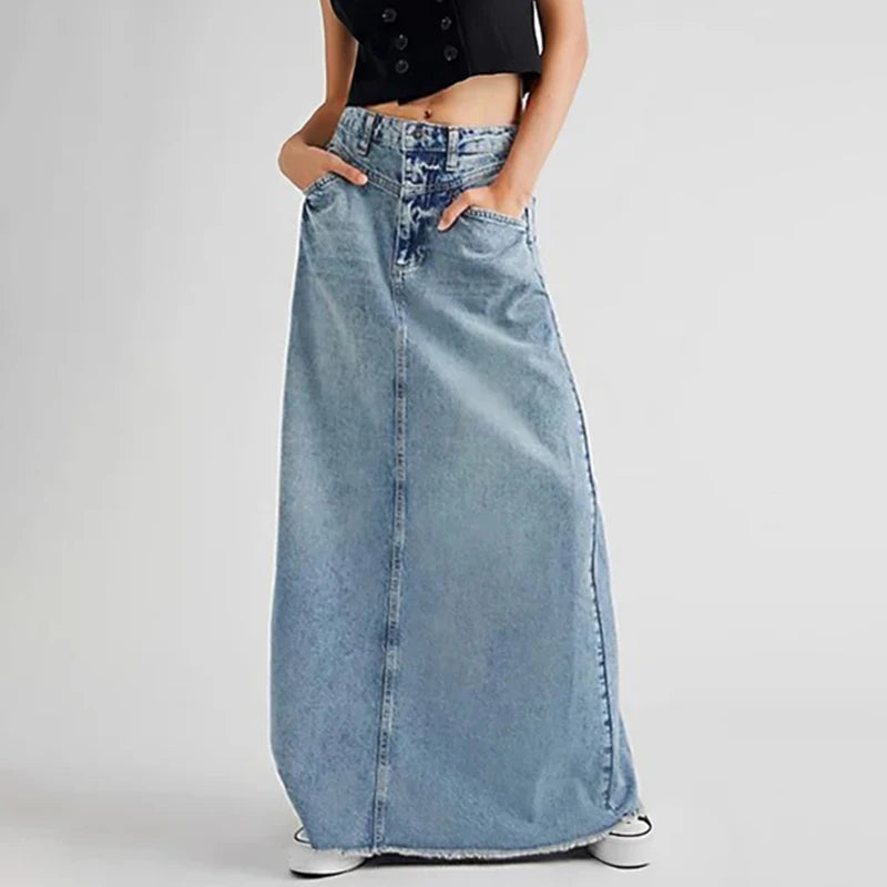 2024 New Elegant Long Denim Skirt Ladies Arrival Retro Casual Cotton Blue Street Ladies Loose Washed A-Line Skirt