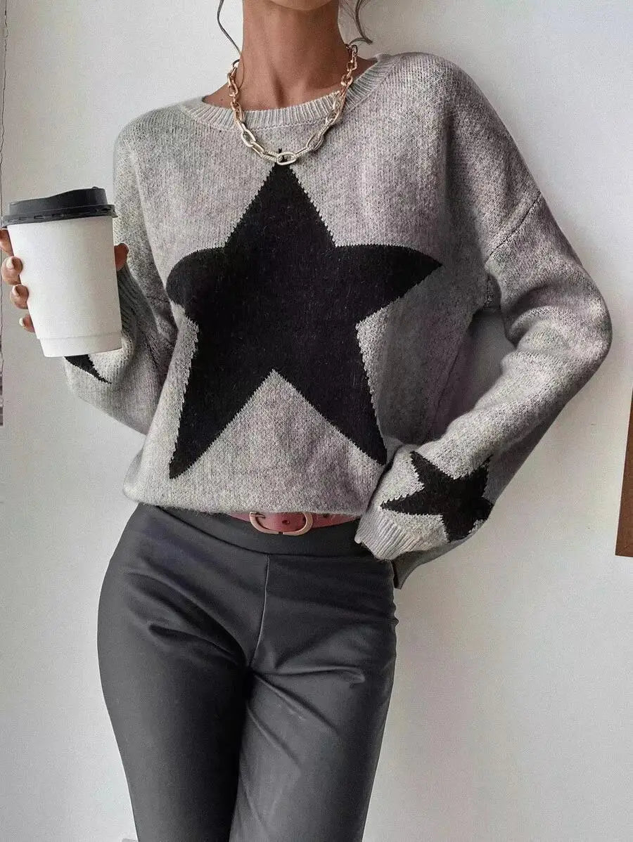 Star Sweater Pullover Women Autumn Spring Simple Knit Elastic Pullovers Jumper Casual Thick Warm Black White Basic Jumpers