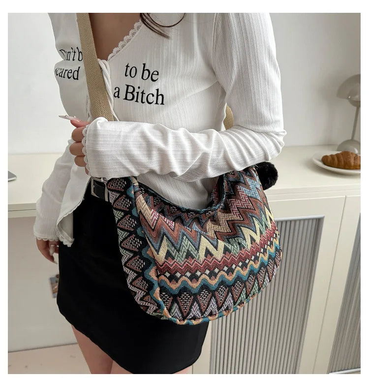Wave Pattern Design Crossbody Bag for Women New Large Capacity Canvas Shoulder Bag Versatile College Students Dumplings Bag