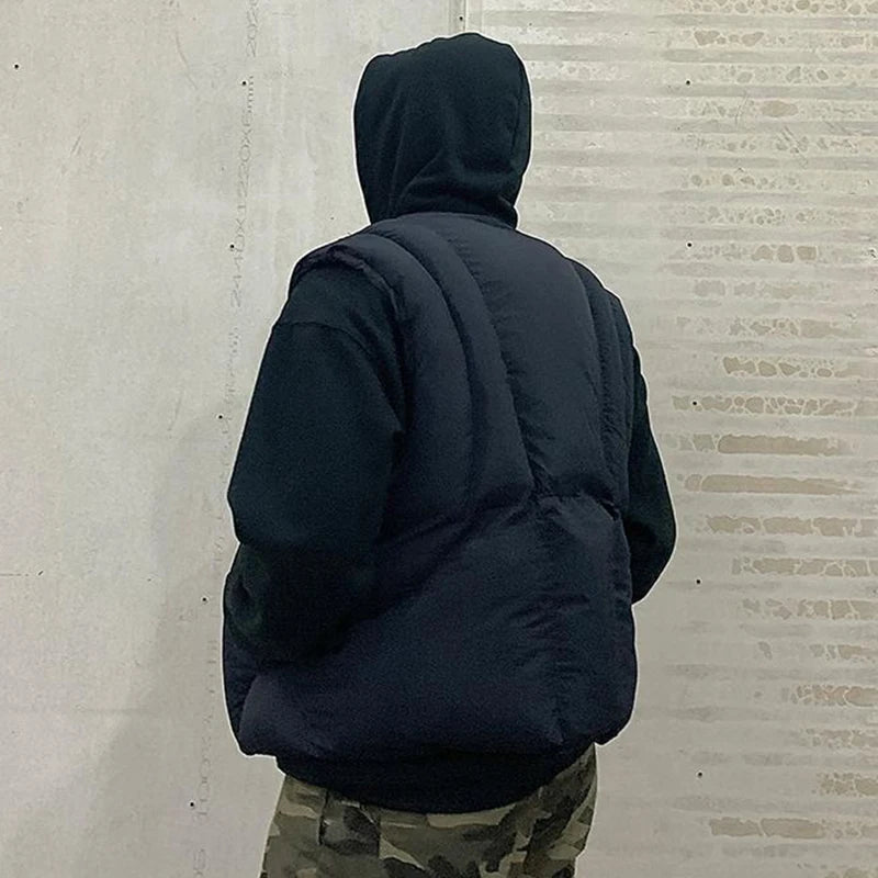 Linear Split Silhouette Autumn Winter Tops for Men Warm Loose High Street Padded Waistcoat Deconstructed Vibe Nylon Zipper Vest