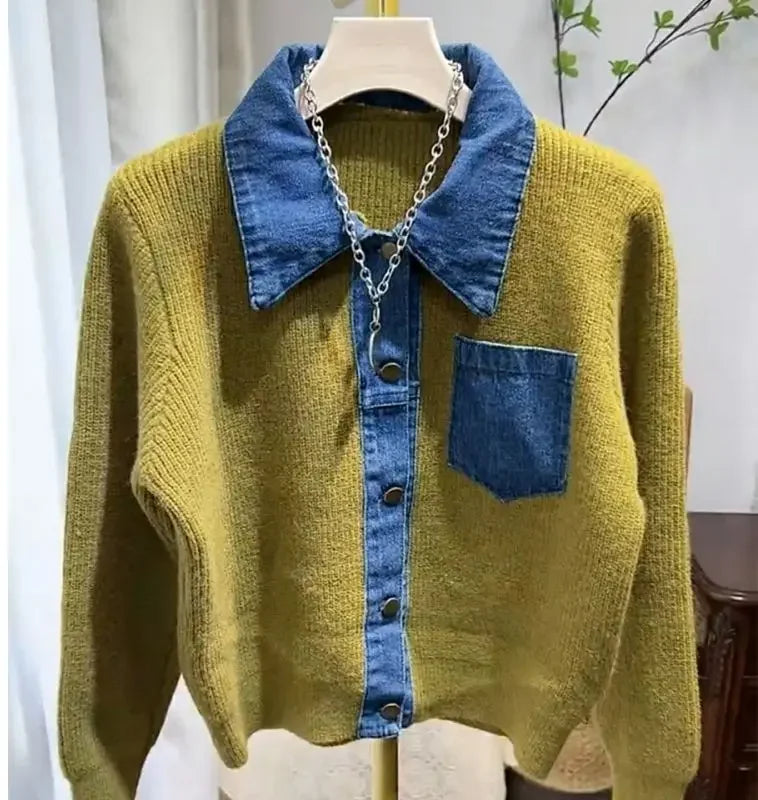 Women's Trendy Vintage Denim Patchwork Single Breasted Knitted Cardigan Autumn Casual Long Sleeve Loose Chic Pocket Sweater Coat