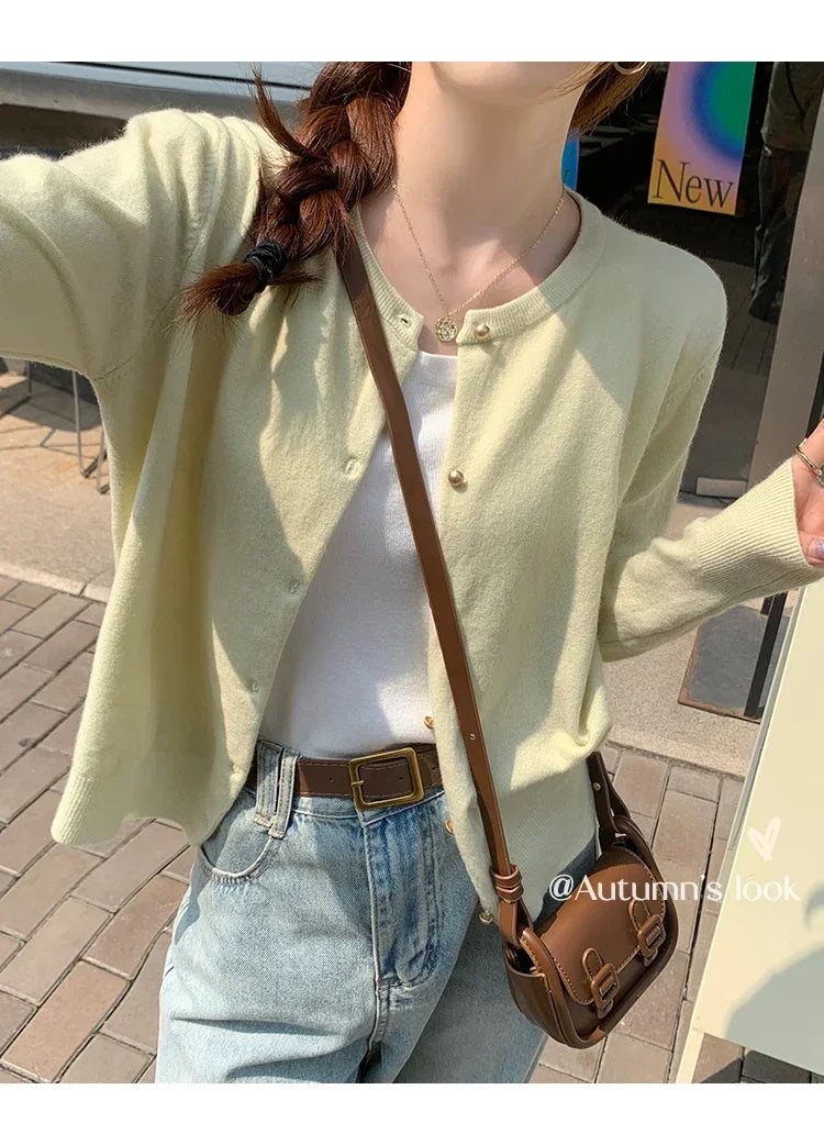 Solid Color Knitted for Women Cardigan Korean Single Breasted Long Sleeve Jumper Woman Round Neck All Match Cardigans Outwear