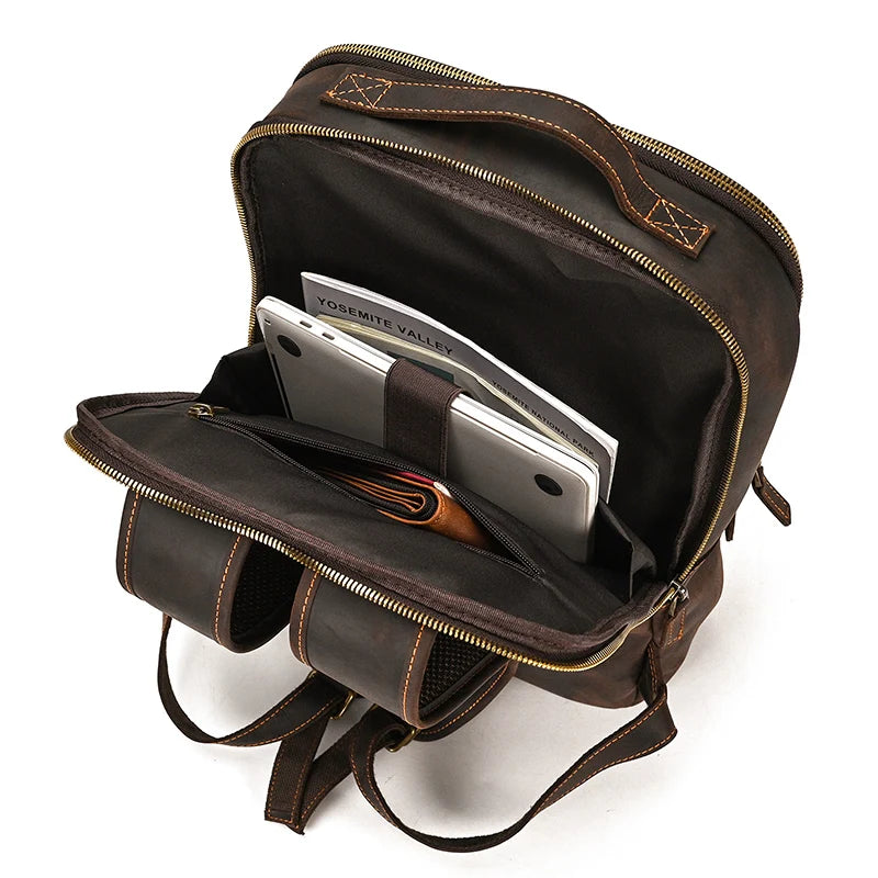 Vintage Travel Backpack leather double zipper bagpack male crazy horse leather backpack handmade leather travel bag men bag