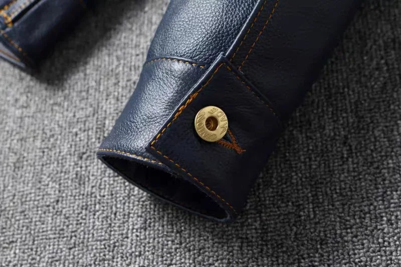 New Navy Blue Top Layer Cowhide Genuine Leather Jacket Men's Short Slim Fit Retro Motorcycle Lapel Casual Jacket Trendy