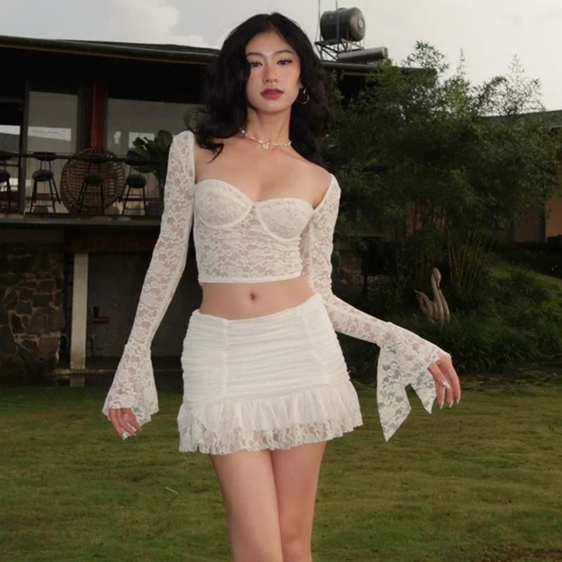 WhereMery French Elegant Y2K Lace See-through Long Sleeve Crop Top and Ruched Slim Skinny Mini Skirt Fashion Women's 2 Piece Set