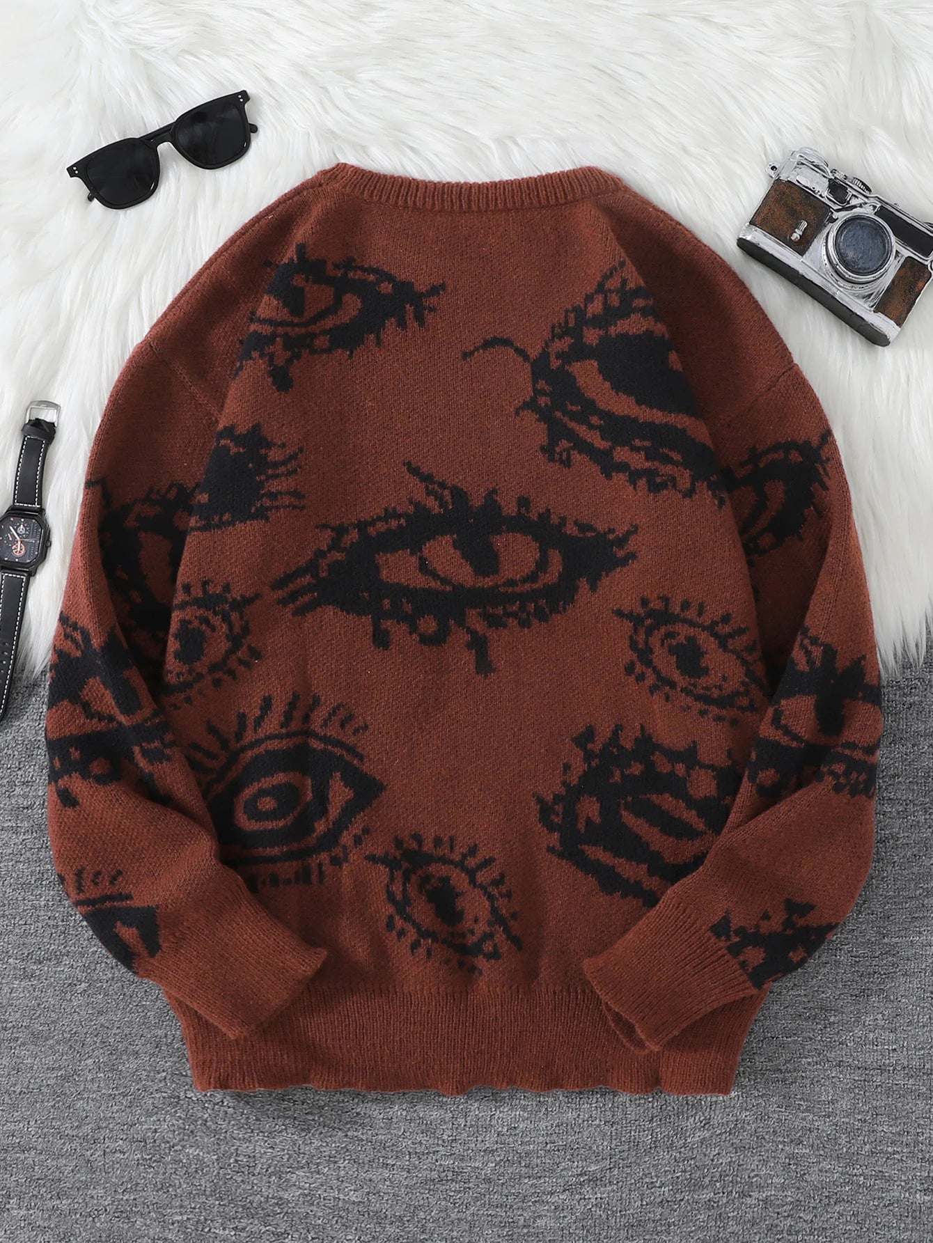 New Popular Autumn and Winter Abstract Eye Jacquard Pattern Pullover Sweater Casual Round Neck Knitted Men's Pullover